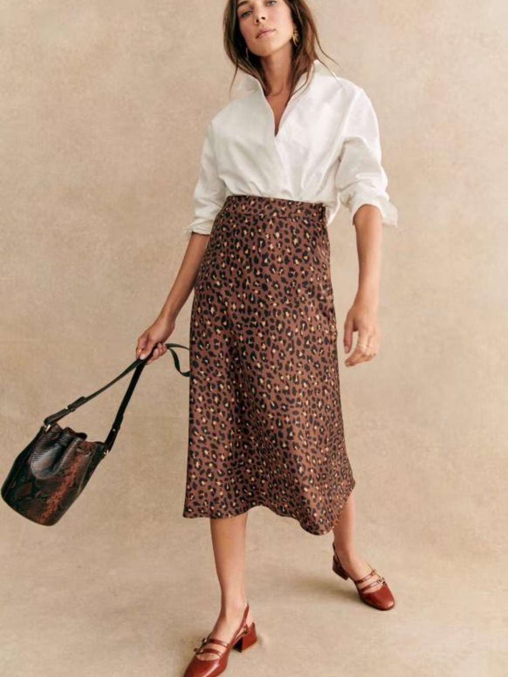 Sezane Rust and Black Leopard-Print Midi Skirt
